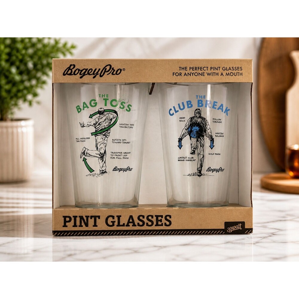 BogeyPro Golf Pint Glass Set 2 Funny Barware Bag Toss Club Break USA